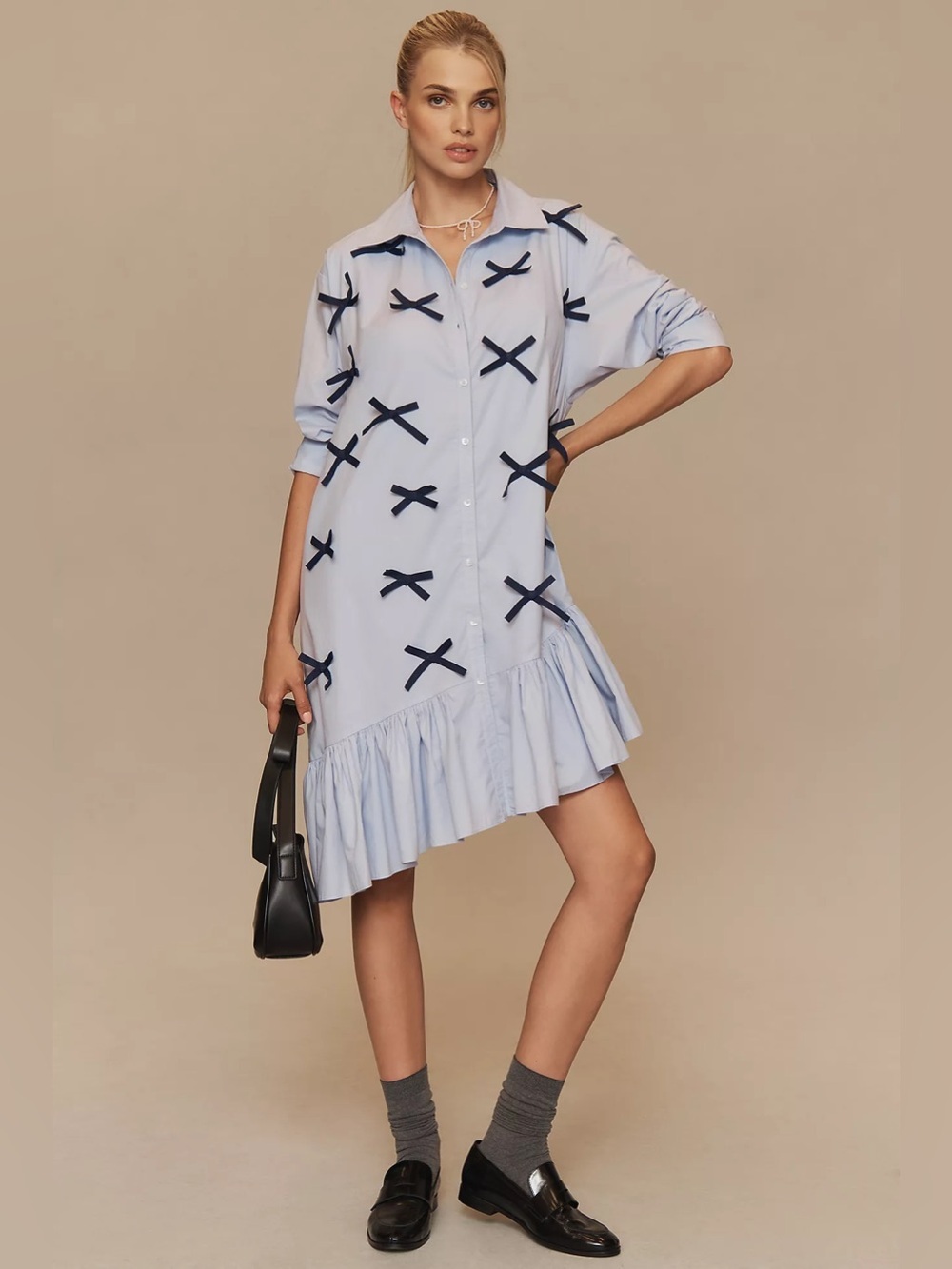 Maeve Bow Asymmetrical Shirt Dress Light Blue XS NWT